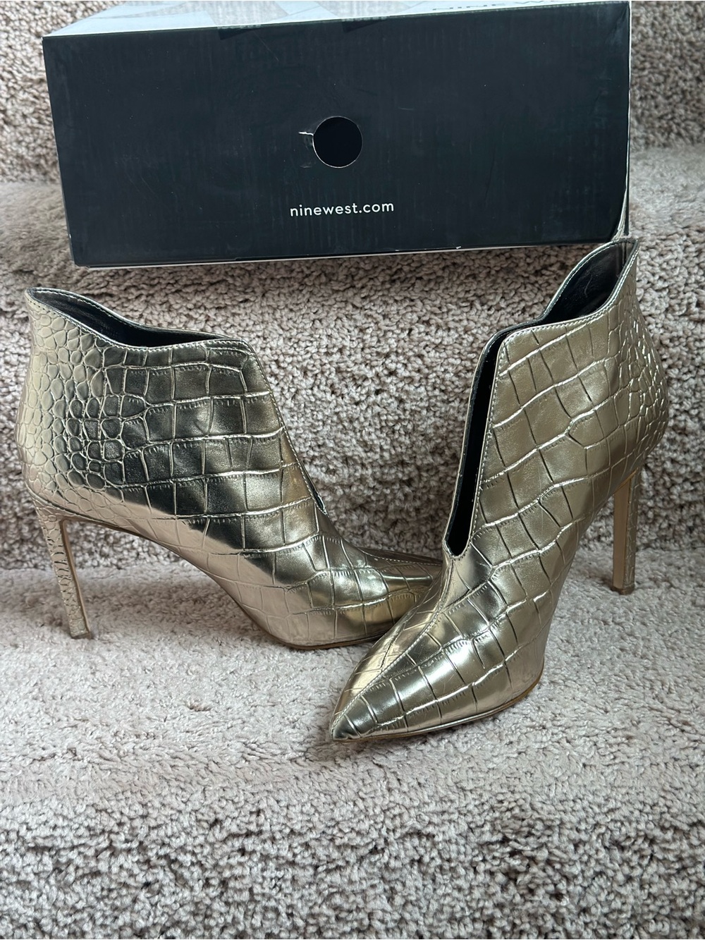 Nine West Metallic Gold Croc-Embossed Pointed Stiletto Ankle Booties